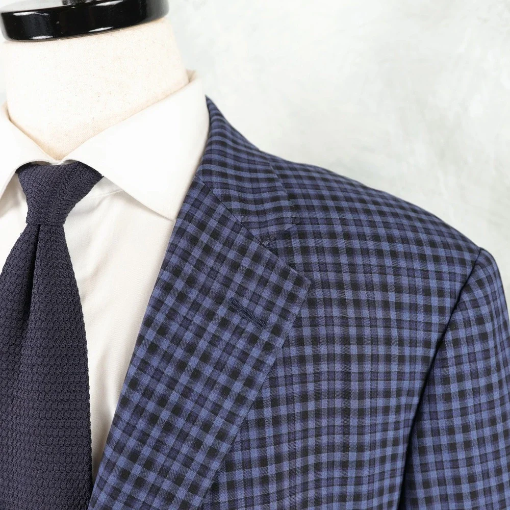 Samuelsohn Sport Coat Mens 48R Super 120s Wool Gingham Plaid Blue Blazer Jacket